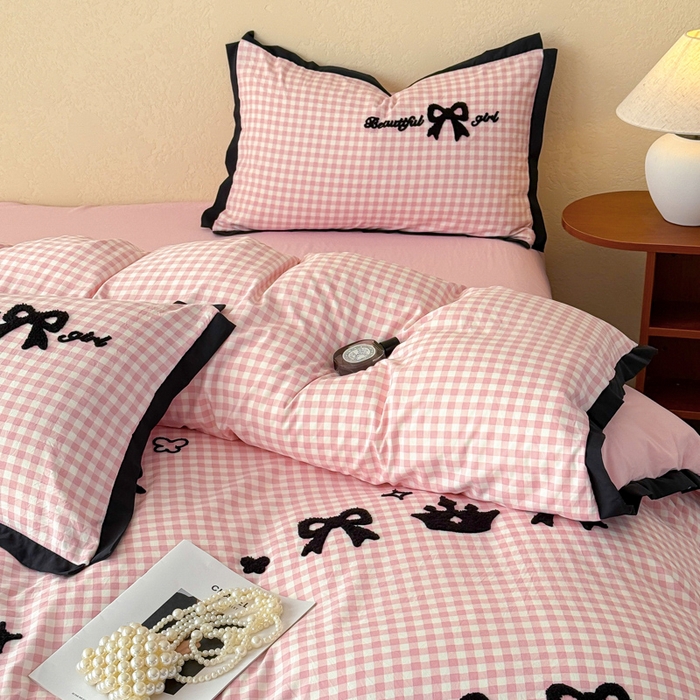 91家纺网 家纺一手货源 找家纺 米可 2025新款水洗棉绣花花边款四件套 蝴蝶结-粉