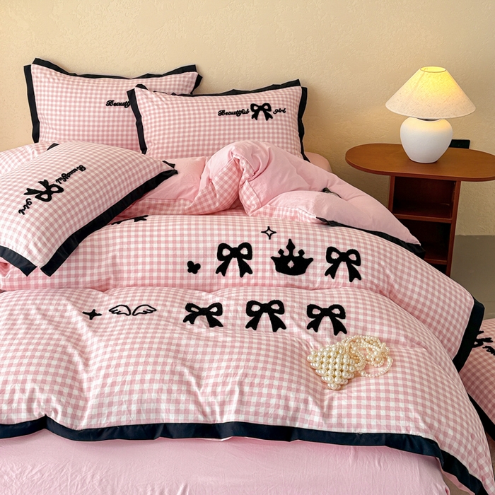 91家纺网 家纺一手货源 找家纺 米可 2025新款水洗棉绣花花边款四件套 蝴蝶结-粉