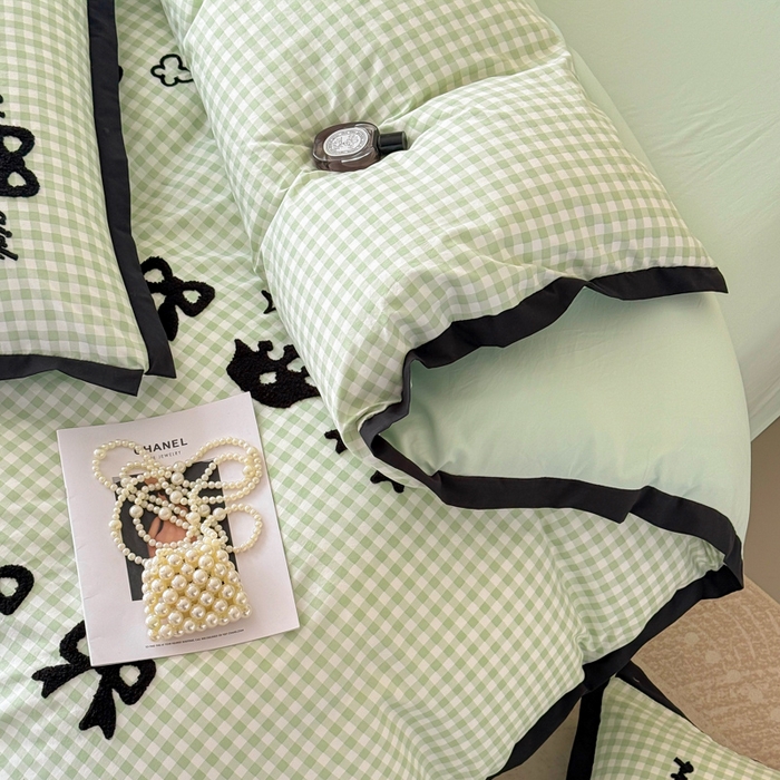 91家纺网 家纺一手货源 找家纺 米可 2025新款水洗棉绣花花边款四件套 蝴蝶结-绿