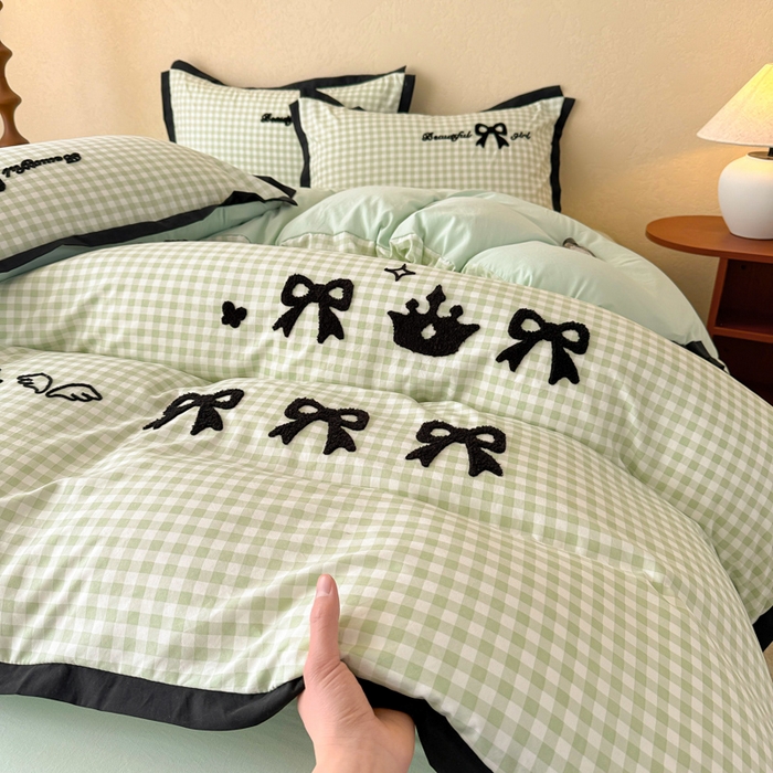 91家纺网 家纺一手货源 找家纺 米可 2025新款水洗棉绣花花边款四件套 蝴蝶结-绿