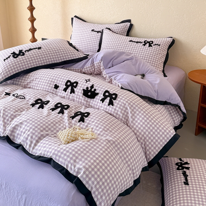 91家纺网 家纺一手货源 找家纺 米可 2025新款水洗棉绣花花边款四件套 蝴蝶结-紫