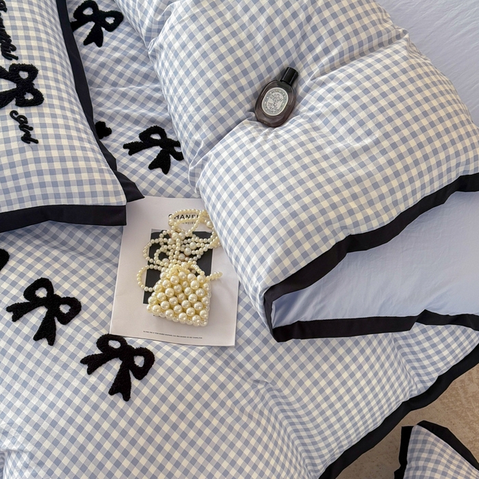 91家纺网 家纺一手货源 找家纺 米可 2025新款水洗棉绣花花边款四件套 蝴蝶结-蓝