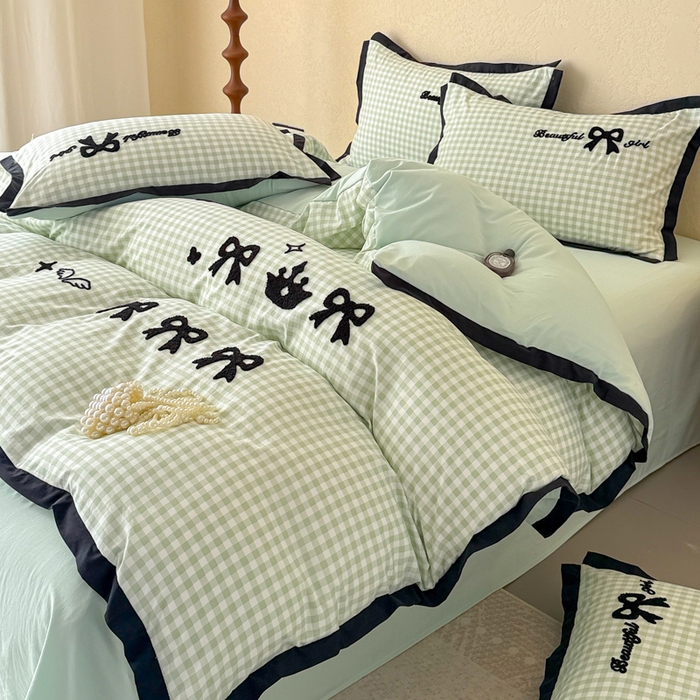 91家纺网 家纺一手货源 找家纺 米可 2025新款水洗棉绣花花边款四件套 蝴蝶结-绿