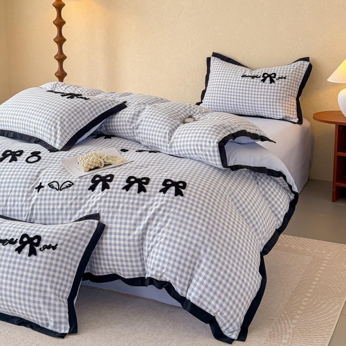 91家纺网 家纺一手货源 找家纺 米可 2025新款水洗棉绣花花边款四件套 蝴蝶结-蓝