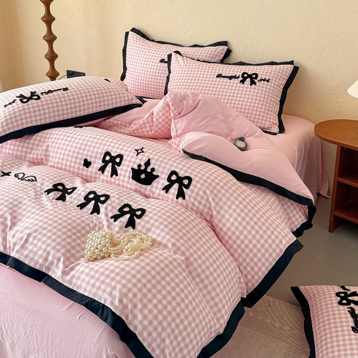 91家纺网 家纺一手货源 找家纺 米可 2025新款水洗棉绣花花边款四件套 蝴蝶结-粉