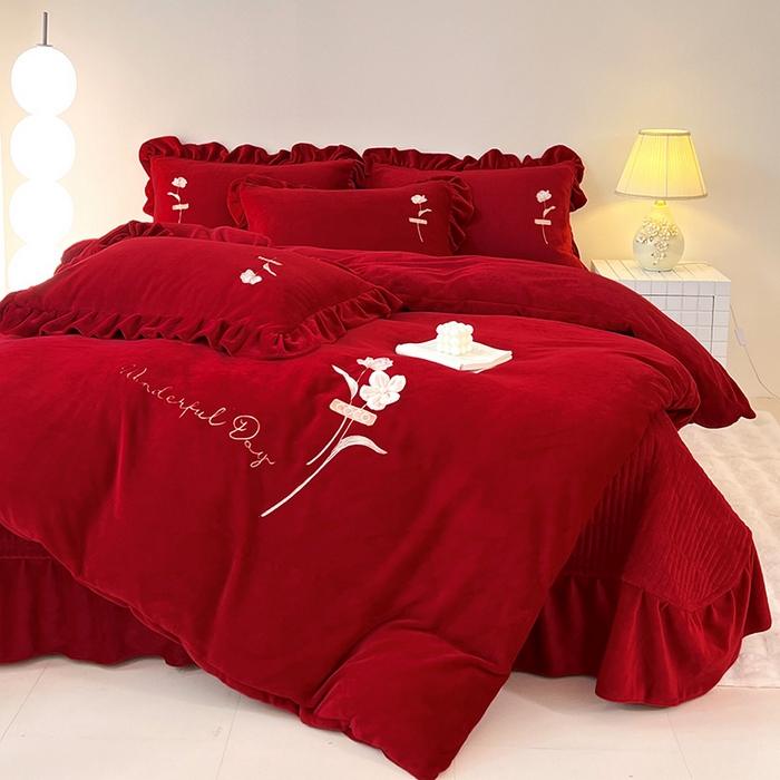 梦莱斯 2025新款全消光床盖款牛奶绒刺绣四件套-山茶花 山茶花-大红