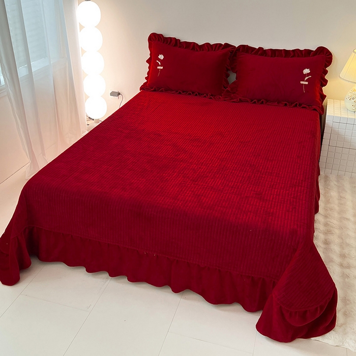 91家纺网 家纺一手货源 找家纺 梦莱斯 2025新款全消光床盖款牛奶绒刺绣四件套-山茶花 山茶花-大红