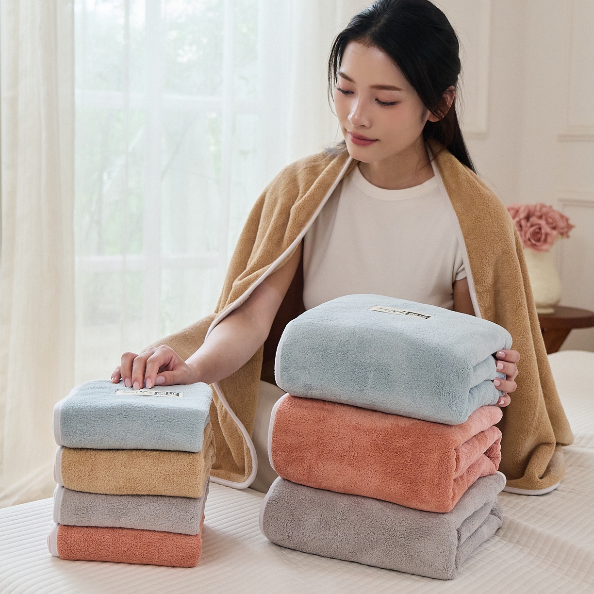 91家纺网 家纺一手货源 找家纺 沐瑟家纺 2025新款亲肤柔软珊瑚绒毛巾浴巾-抗菌系列 组合 35*75cm毛巾/条