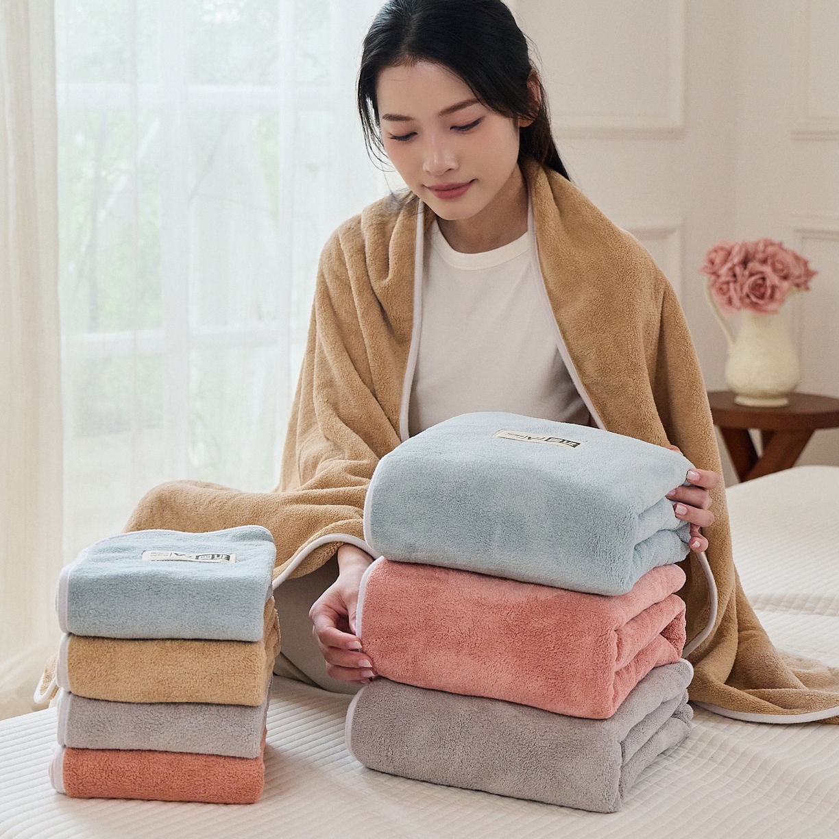 91家纺网 家纺一手货源 找家纺 沐瑟家纺 2025新款亲肤柔软珊瑚绒毛巾浴巾-抗菌系列 组合 35*75cm毛巾/条