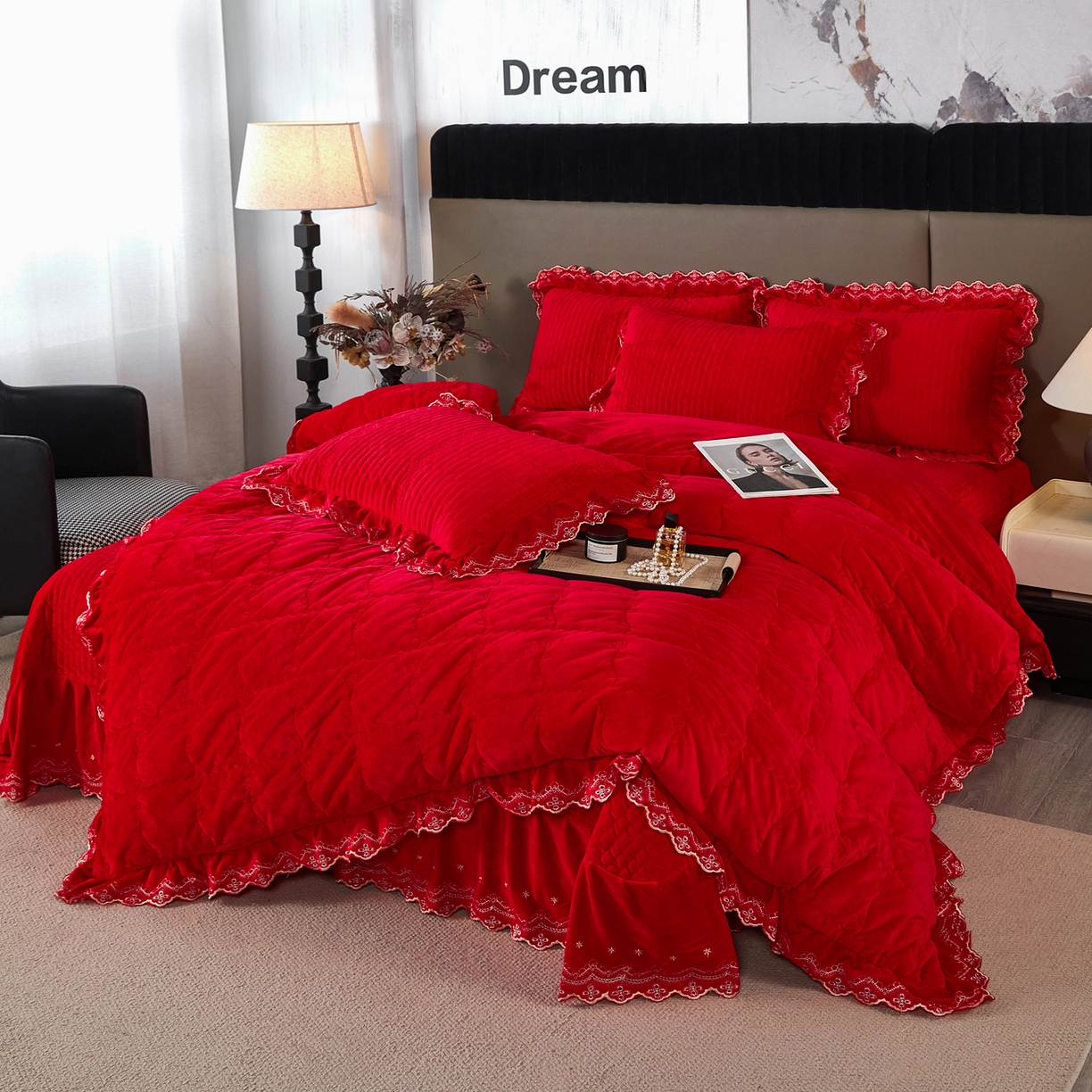 91家纺网 家纺一手货源 找家纺 青竹苑 2025新款婴儿绒宝宝绒玫瑰版床盖款四件套 慕达-红