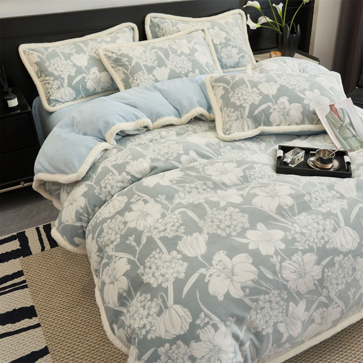 91家纺网 家纺一手货源 找家纺 金鹰 2025新款A类雕花牛奶绒烂花兔毛包边四件套 兰花