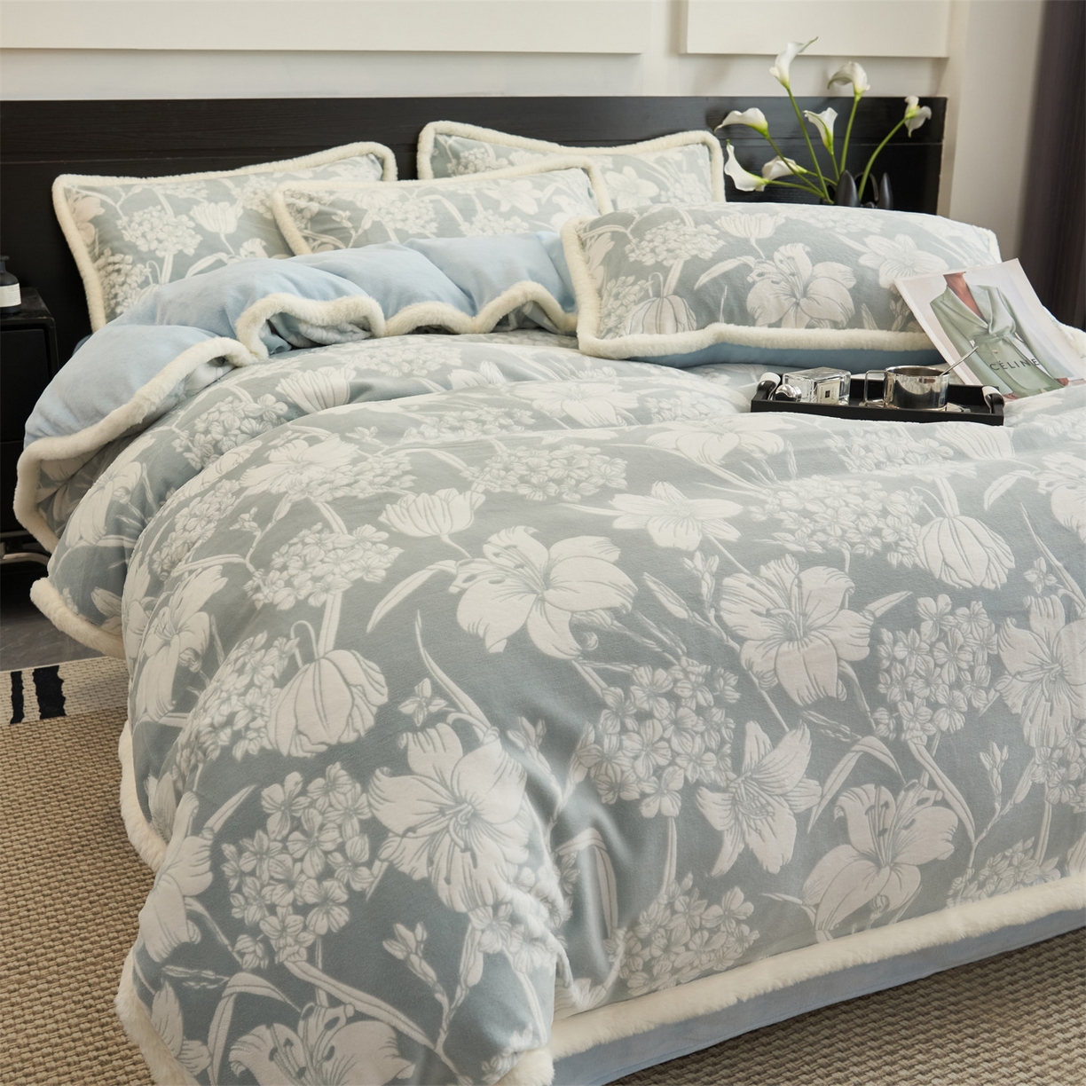 91家纺网 家纺一手货源 找家纺 金鹰 2025新款A类雕花牛奶绒烂花兔毛包边四件套 兰花