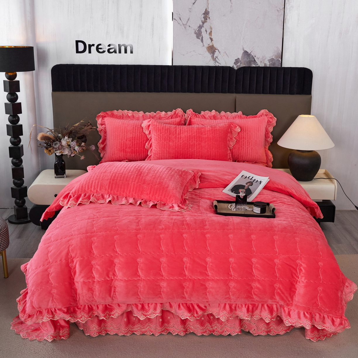 91家纺网 家纺一手货源 找家纺 青竹苑 2025新款婴儿绒宝宝绒玫瑰版床盖款四件套 慕达-深粉