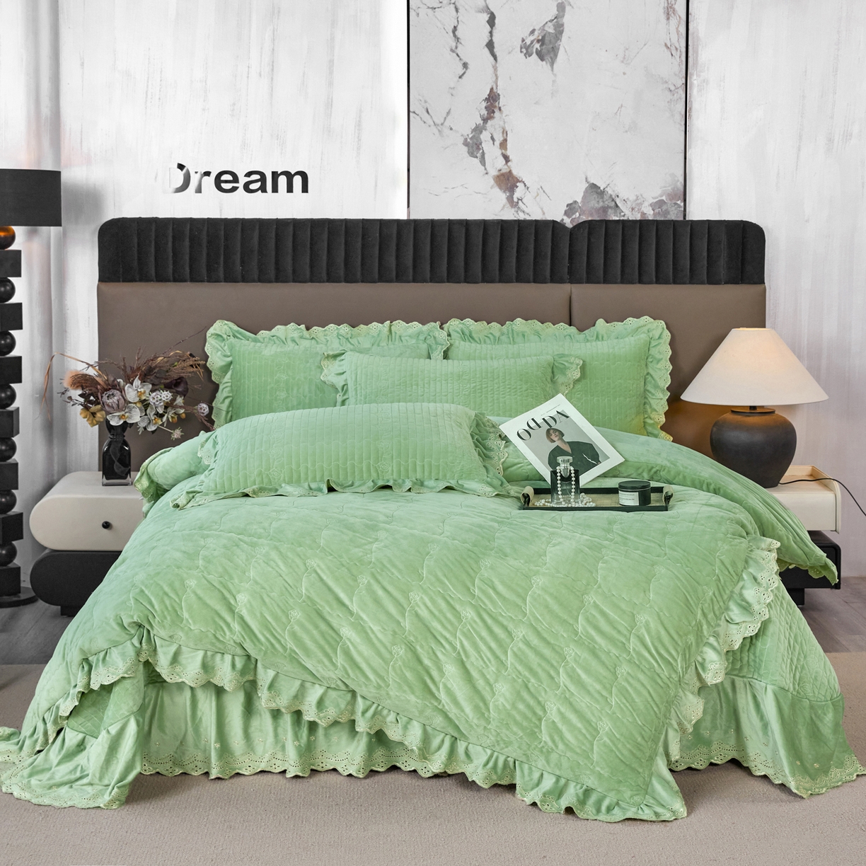 91家纺网 家纺一手货源 找家纺 青竹苑 2025新款婴儿绒宝宝绒玫瑰版床盖款四件套 慕达-绿