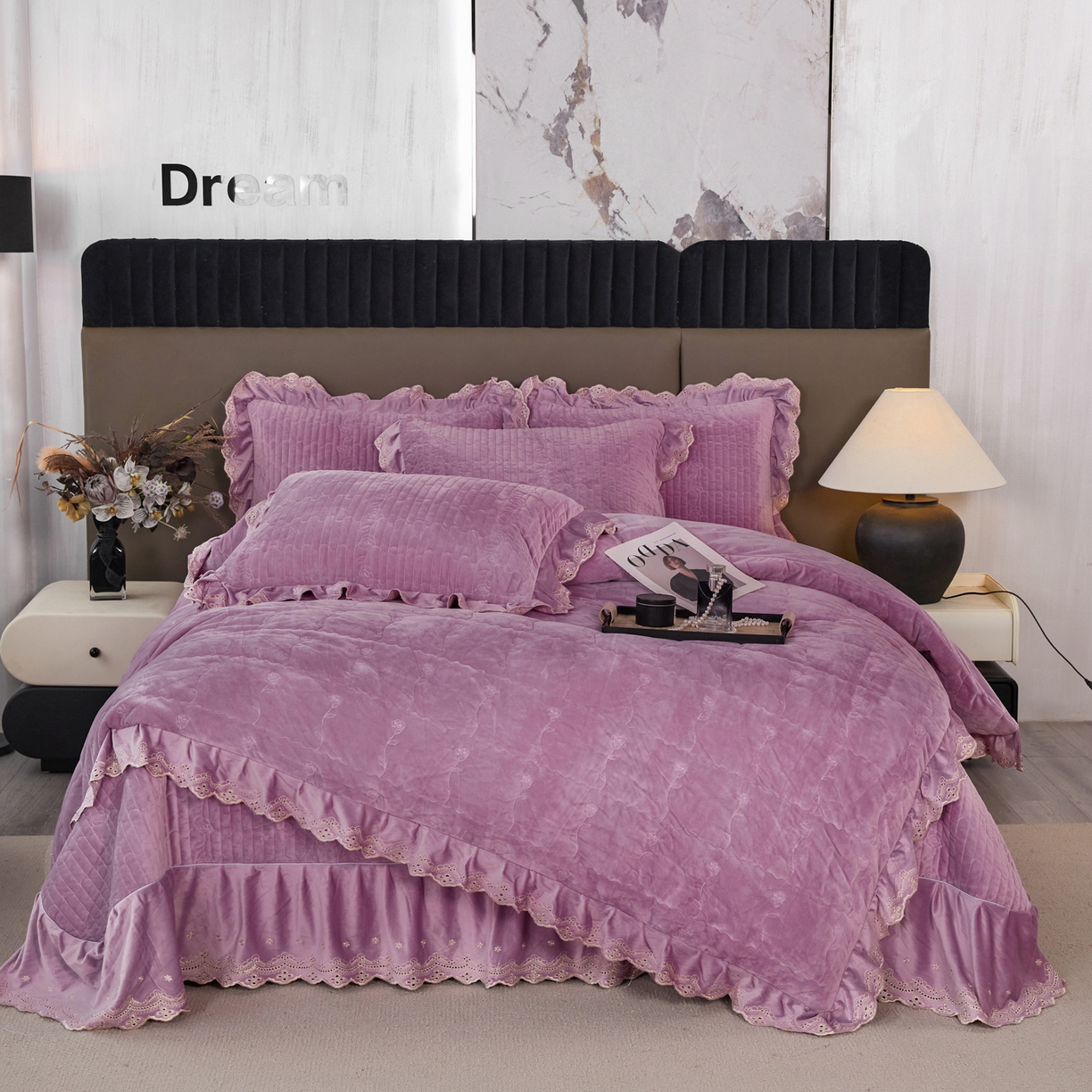 91家纺网 家纺一手货源 找家纺 青竹苑 2025新款婴儿绒宝宝绒玫瑰版床盖款四件套 慕达-紫