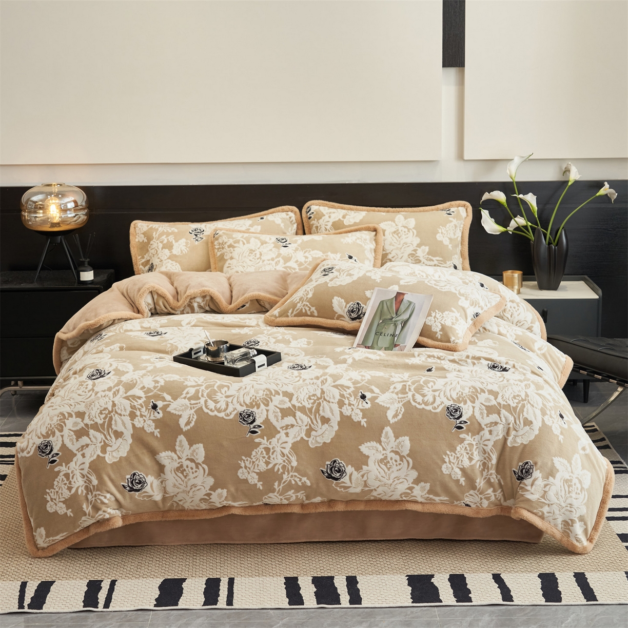 91家纺网 家纺一手货源 找家纺 金鹰 2025新款A类雕花牛奶绒烂花兔毛包边四件套 清晨玫瑰