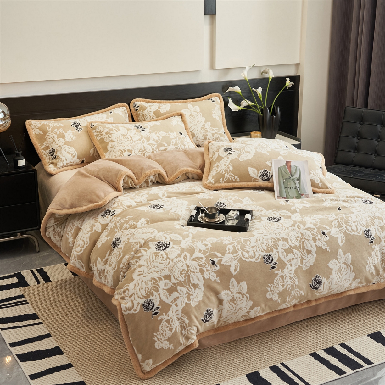 91家纺网 家纺一手货源 找家纺 金鹰 2025新款A类雕花牛奶绒烂花兔毛包边四件套 清晨玫瑰