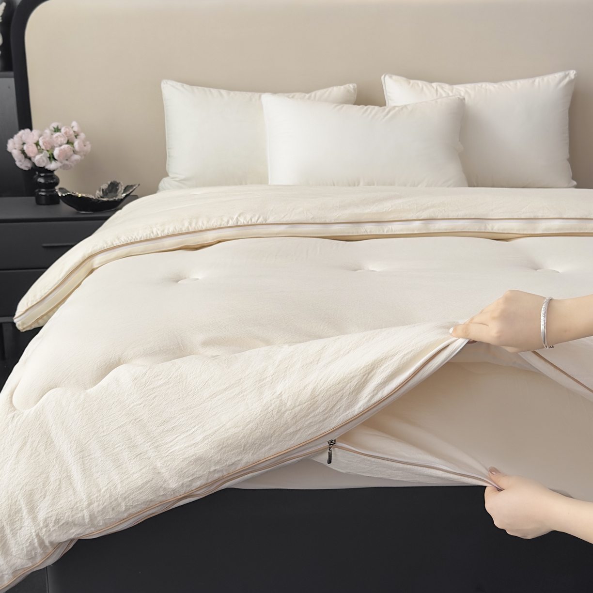 91家纺网 家纺一手货源 找家纺 蓝雀翎 2025新款10%针织糯糯棉大豆子母被被子被芯 白色