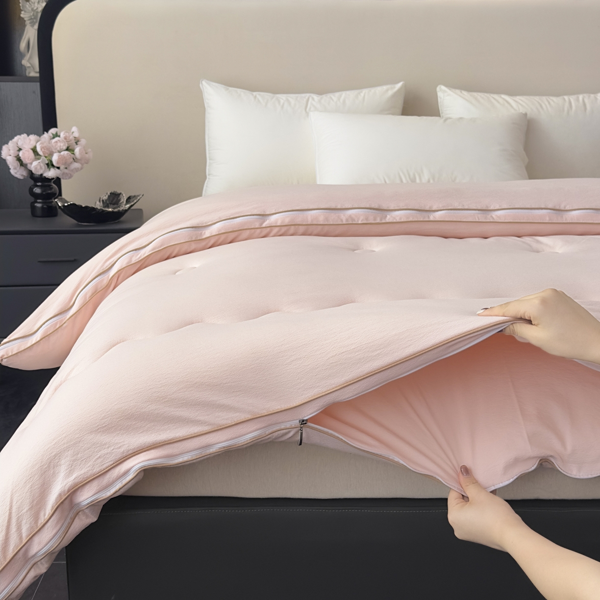 91家纺网 家纺一手货源 找家纺 蓝雀翎 2025新款10%针织糯糯棉大豆子母被被子被芯 粉色