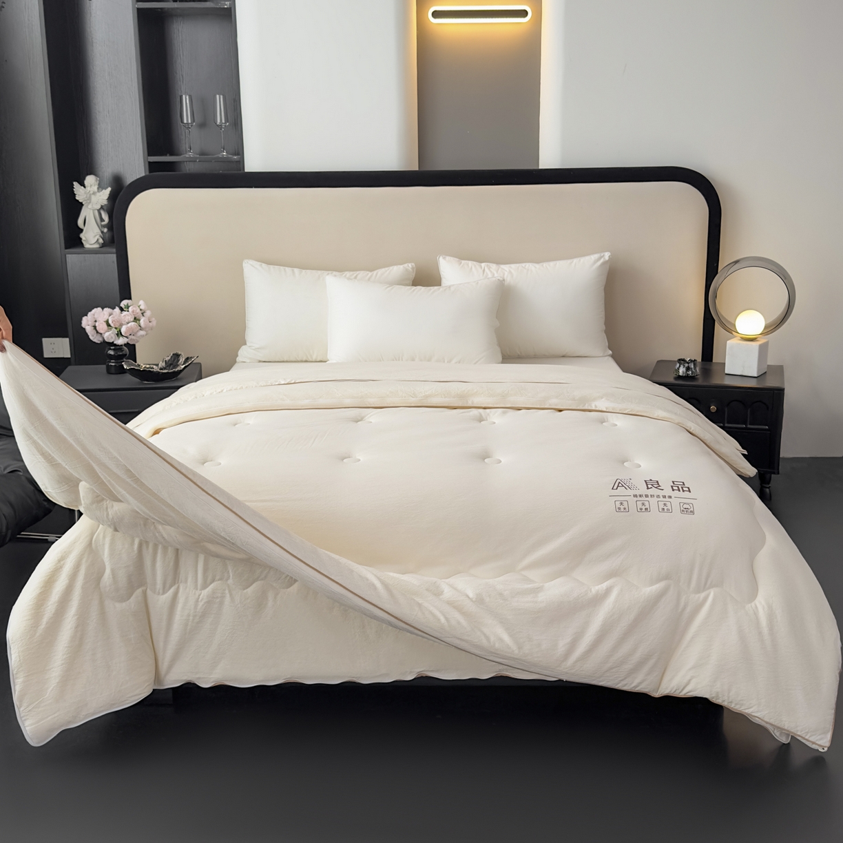 91家纺网 家纺一手货源 找家纺 蓝雀翎 2025新款10%针织糯糯棉大豆子母被被子被芯 白色