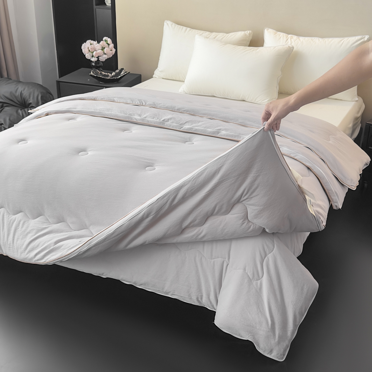 91家纺网 家纺一手货源 找家纺 蓝雀翎 2025新款10%针织糯糯棉大豆子母被被子被芯 灰色