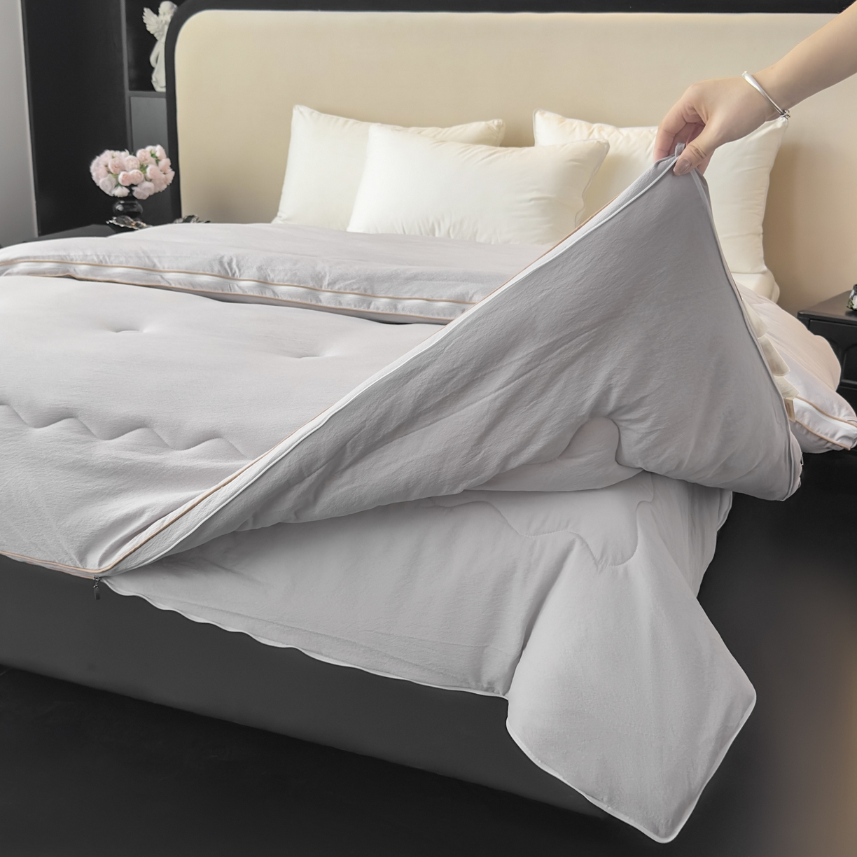 91家纺网 家纺一手货源 找家纺 蓝雀翎 2025新款10%针织糯糯棉大豆子母被被子被芯 灰色