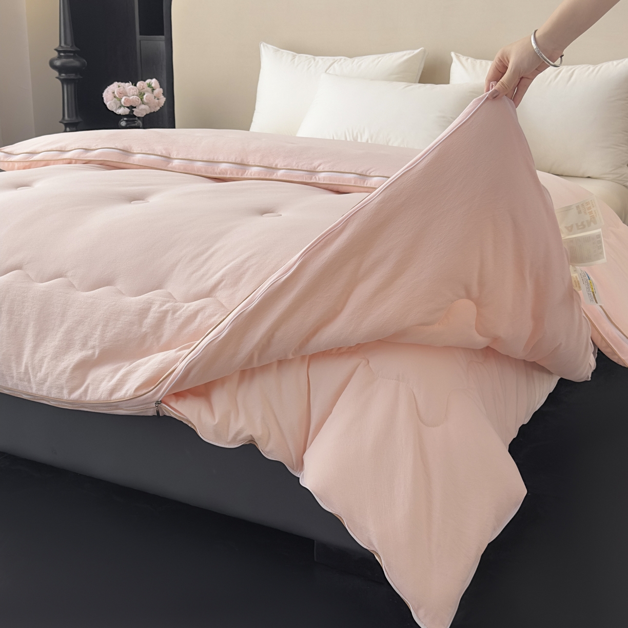 91家纺网 家纺一手货源 找家纺 蓝雀翎 2025新款10%针织糯糯棉大豆子母被被子被芯 粉色