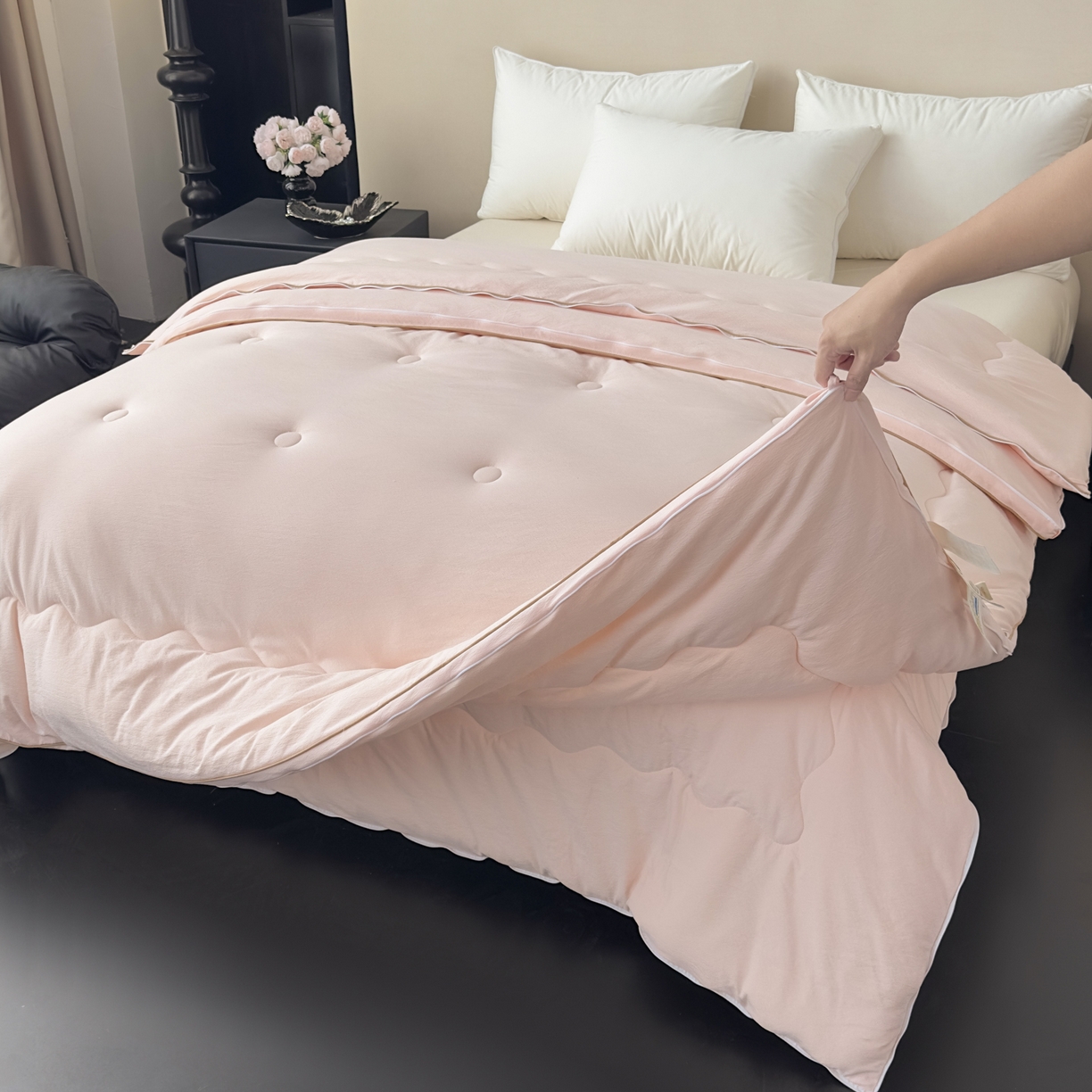 91家纺网 家纺一手货源 找家纺 蓝雀翎 2025新款10%针织糯糯棉大豆子母被被子被芯 粉色