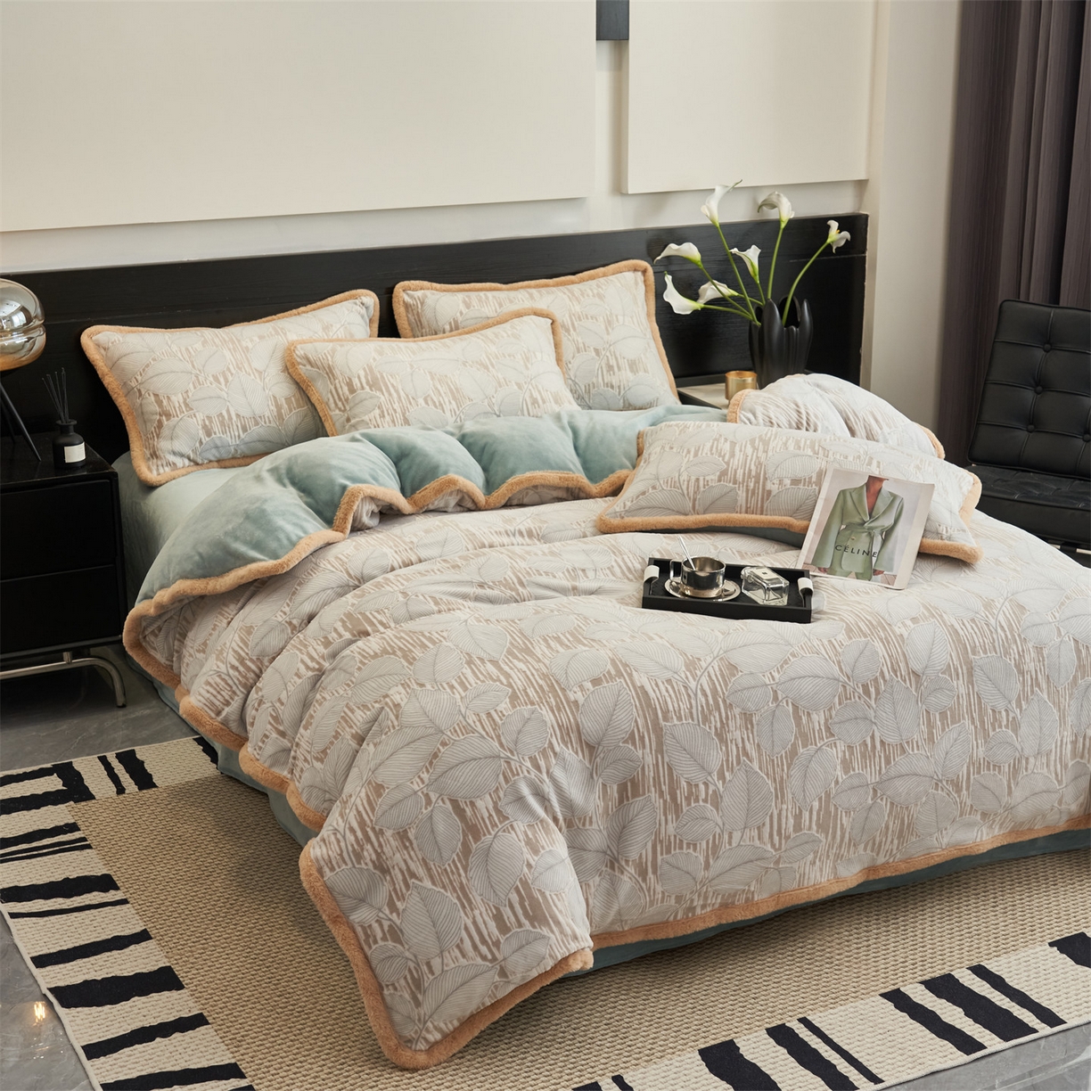 91家纺网 家纺一手货源 找家纺 金鹰 2025新款A类雕花牛奶绒烂花兔毛包边四件套 仲夏晨歌