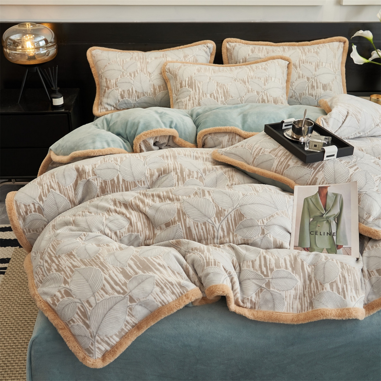 91家纺网 家纺一手货源 找家纺 金鹰 2025新款A类雕花牛奶绒烂花兔毛包边四件套 仲夏晨歌