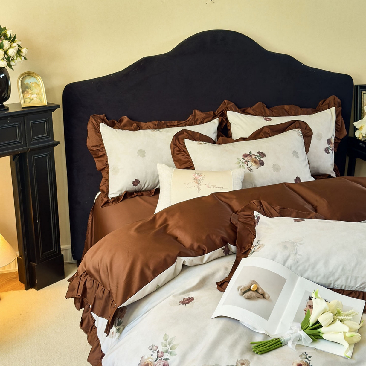 91家纺网 家纺一手货源 找家纺 （总）由丽家纺 2025新款法式全棉贡缎花边款数码印花四件套（控价券后299起）