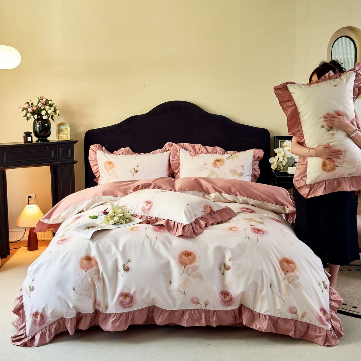 91家纺网 家纺一手货源 找家纺 （总）由丽家纺 2025新款法式全棉贡缎花边款数码印花四件套（控价券后299起）