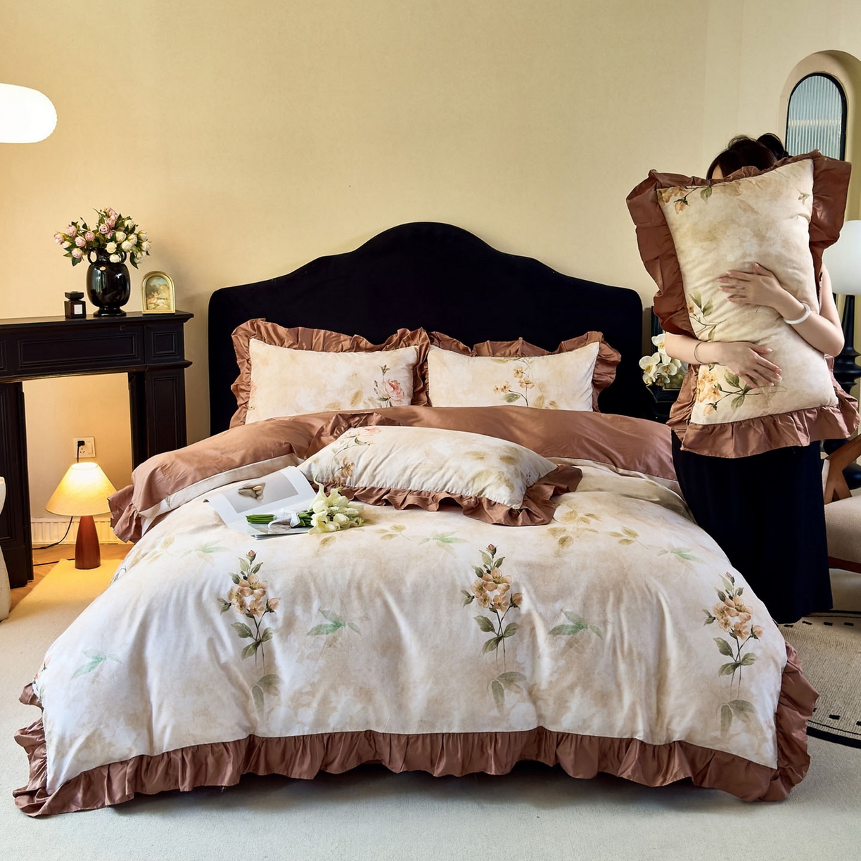 91家纺网 家纺一手货源 找家纺 （总）由丽家纺 2025新款法式全棉贡缎花边款数码印花四件套（控价券后299起）