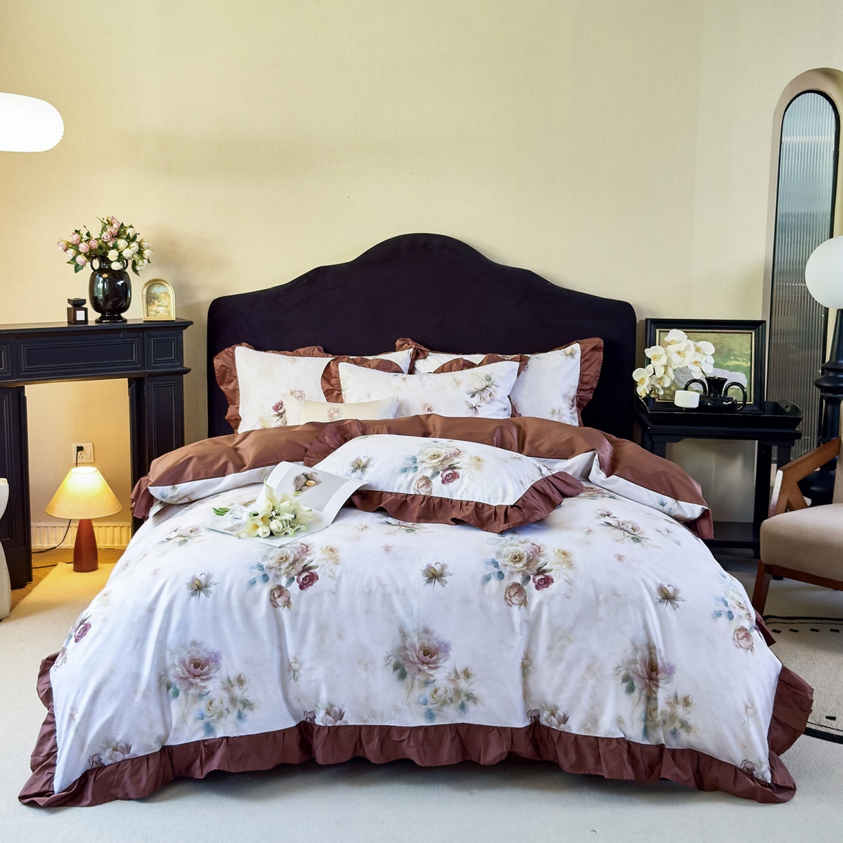 91家纺网 家纺一手货源 找家纺 由丽家纺 2025新款法式全棉贡缎花边款数码印花四件套（控价券后299起） 槿薇-绿