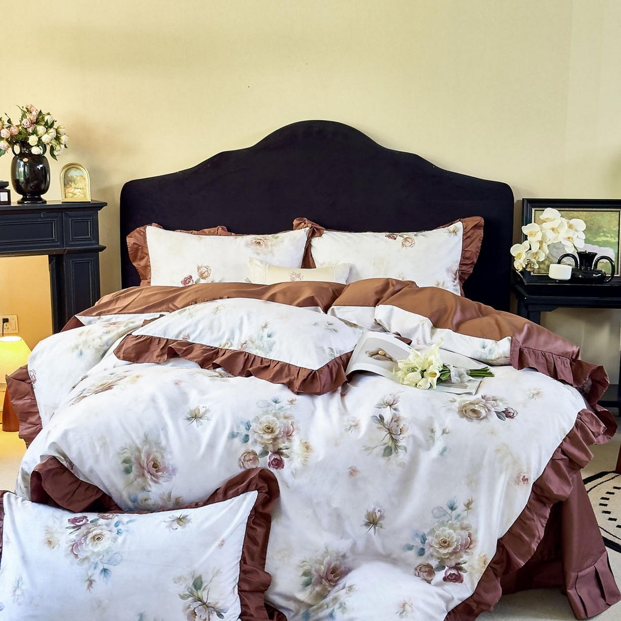 91家纺网 家纺一手货源 找家纺 由丽家纺 2025新款法式全棉贡缎花边款数码印花四件套（控价券后299起） 槿薇-绿