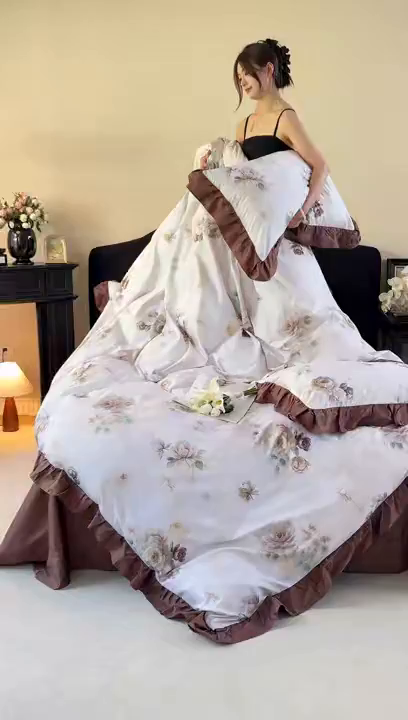 91家纺网 家纺一手货源 找家纺 由丽家纺 2025新款法式全棉贡缎花边款数码印花四件套（控价券后299起） 槿薇-绿