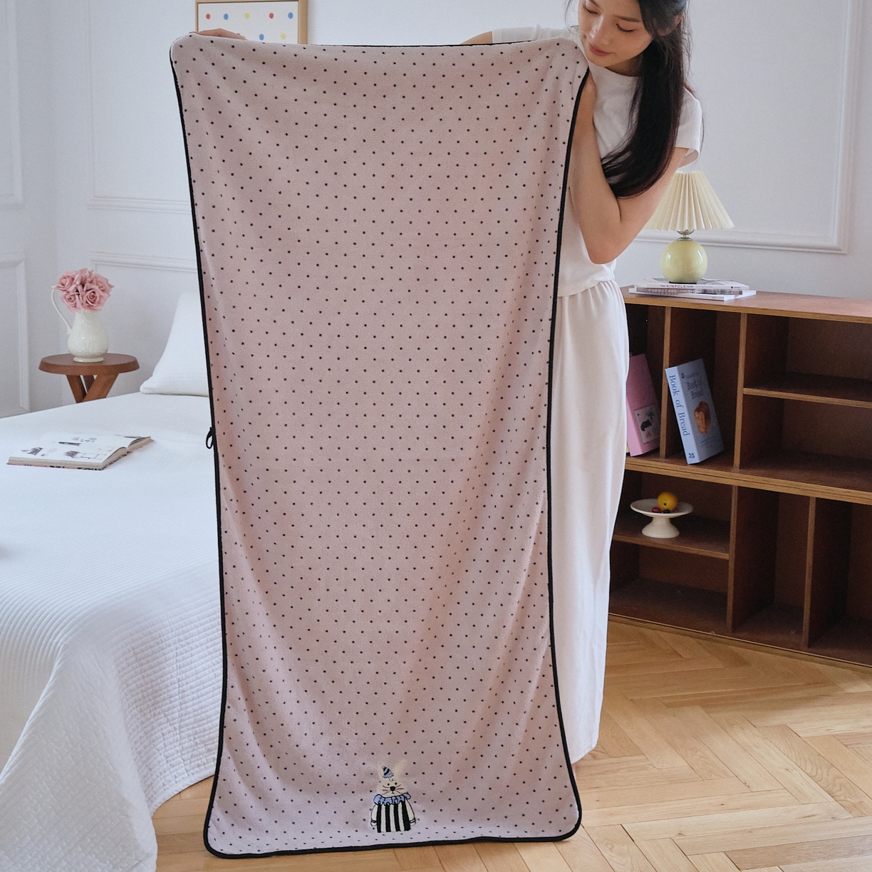 沐瑟家纺 2025新款亲肤柔软珊瑚绒毛巾浴巾-点点动物系列 点点动物-粉红兔 70*140cm浴巾/条