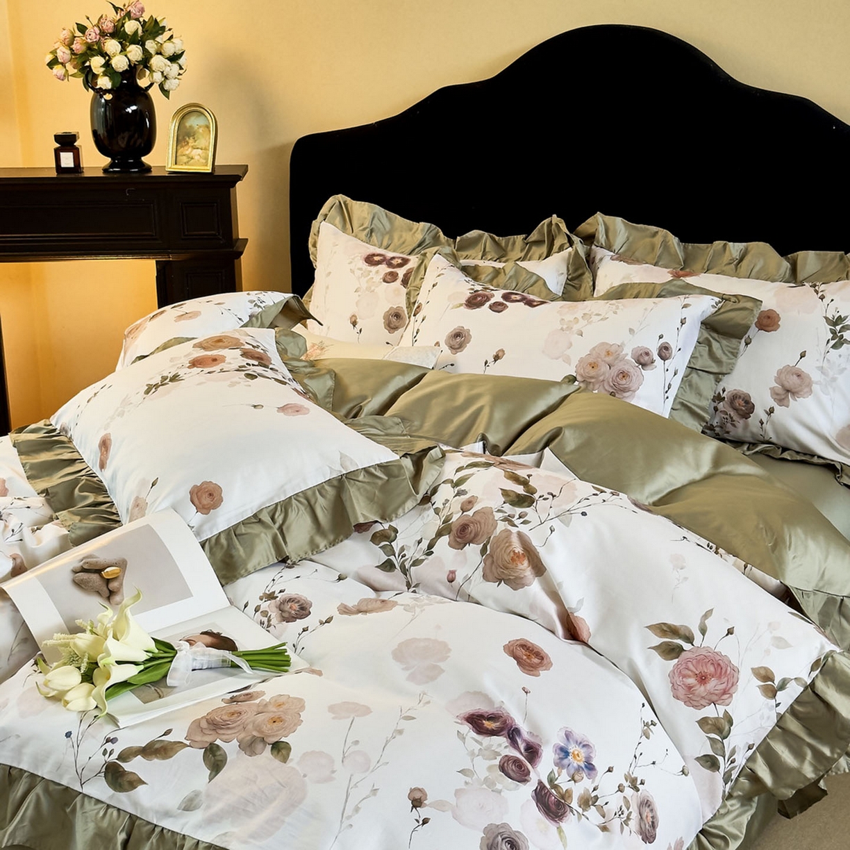 91家纺网 家纺一手货源 找家纺 由丽家纺 2025新款法式全棉贡缎花边款数码印花四件套（控价券后299起） 疏棠-绿