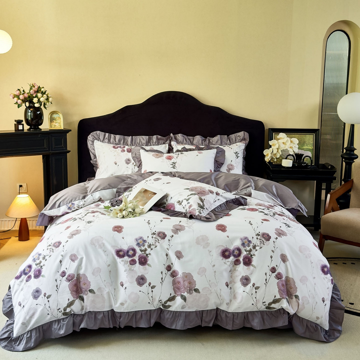 91家纺网 家纺一手货源 找家纺 由丽家纺 2025新款法式全棉贡缎花边款数码印花四件套（控价券后299起） 疏棠-紫