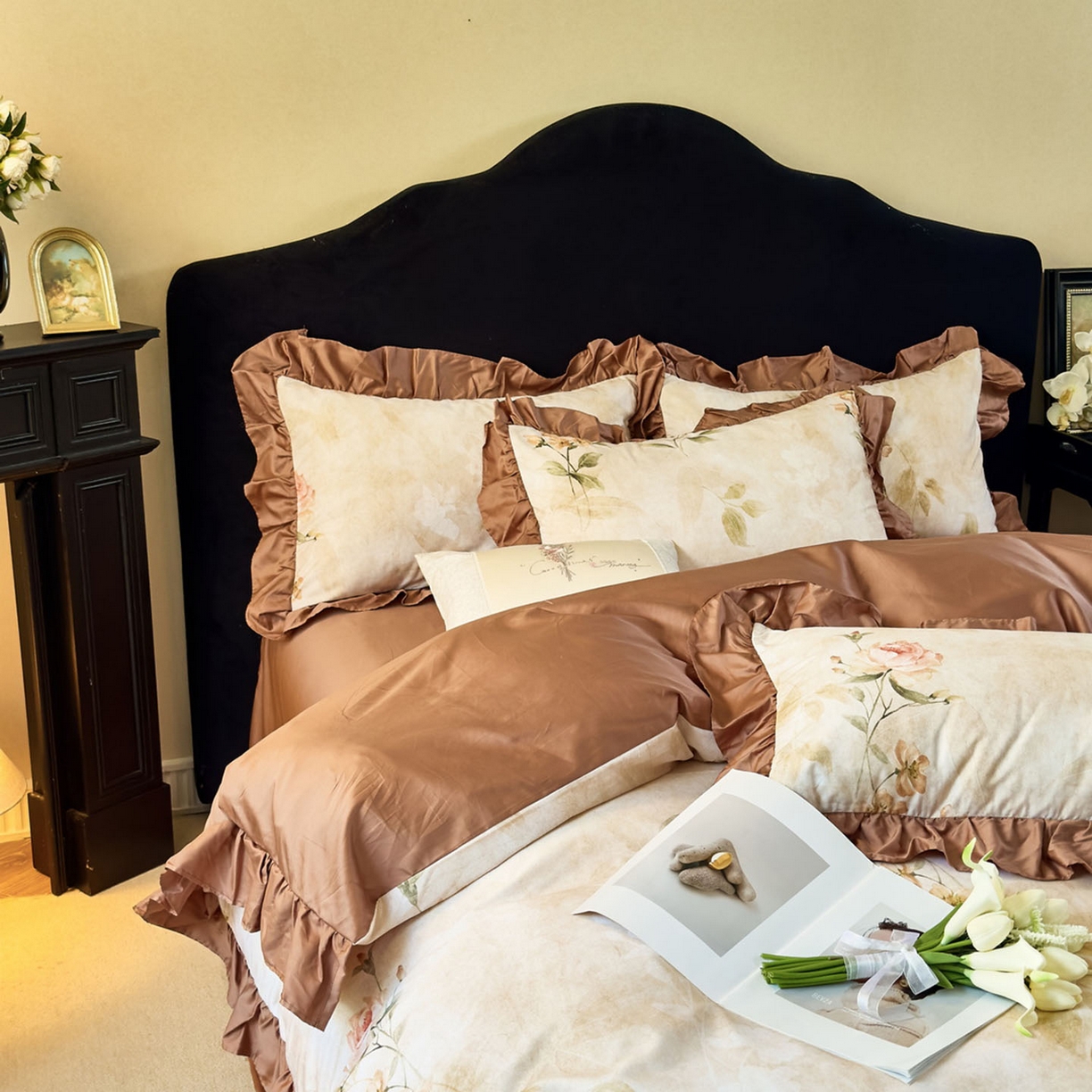 91家纺网 家纺一手货源 找家纺 由丽家纺 2025新款法式全棉贡缎花边款数码印花四件套（控价券后299起） 希贝尔