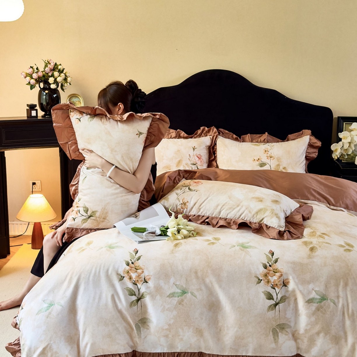 91家纺网 家纺一手货源 找家纺 由丽家纺 2025新款法式全棉贡缎花边款数码印花四件套（控价券后299起） 希贝尔