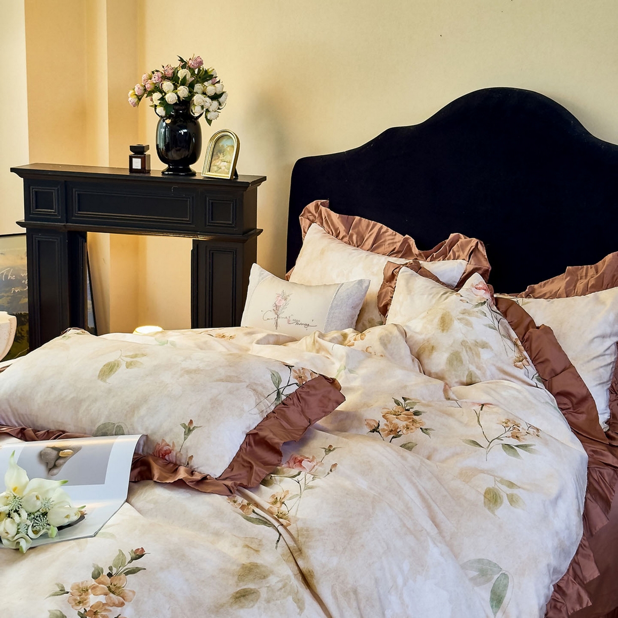 91家纺网 家纺一手货源 找家纺 由丽家纺 2025新款法式全棉贡缎花边款数码印花四件套（控价券后299起） 希贝尔