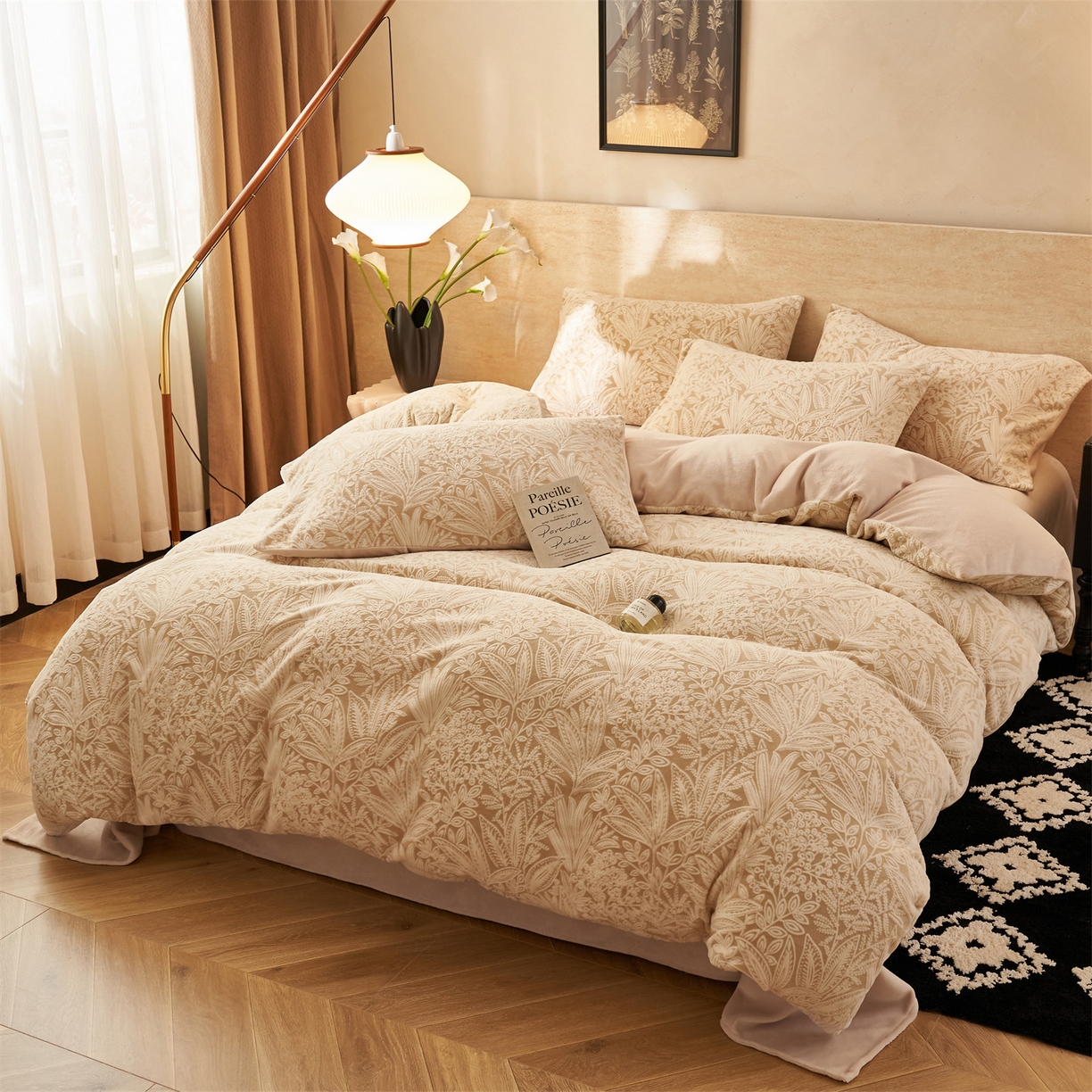 91家纺网 家纺一手货源 找家纺 金鹰 2025新款雕花烂花牛奶绒四件套 绿野仙踪-驼