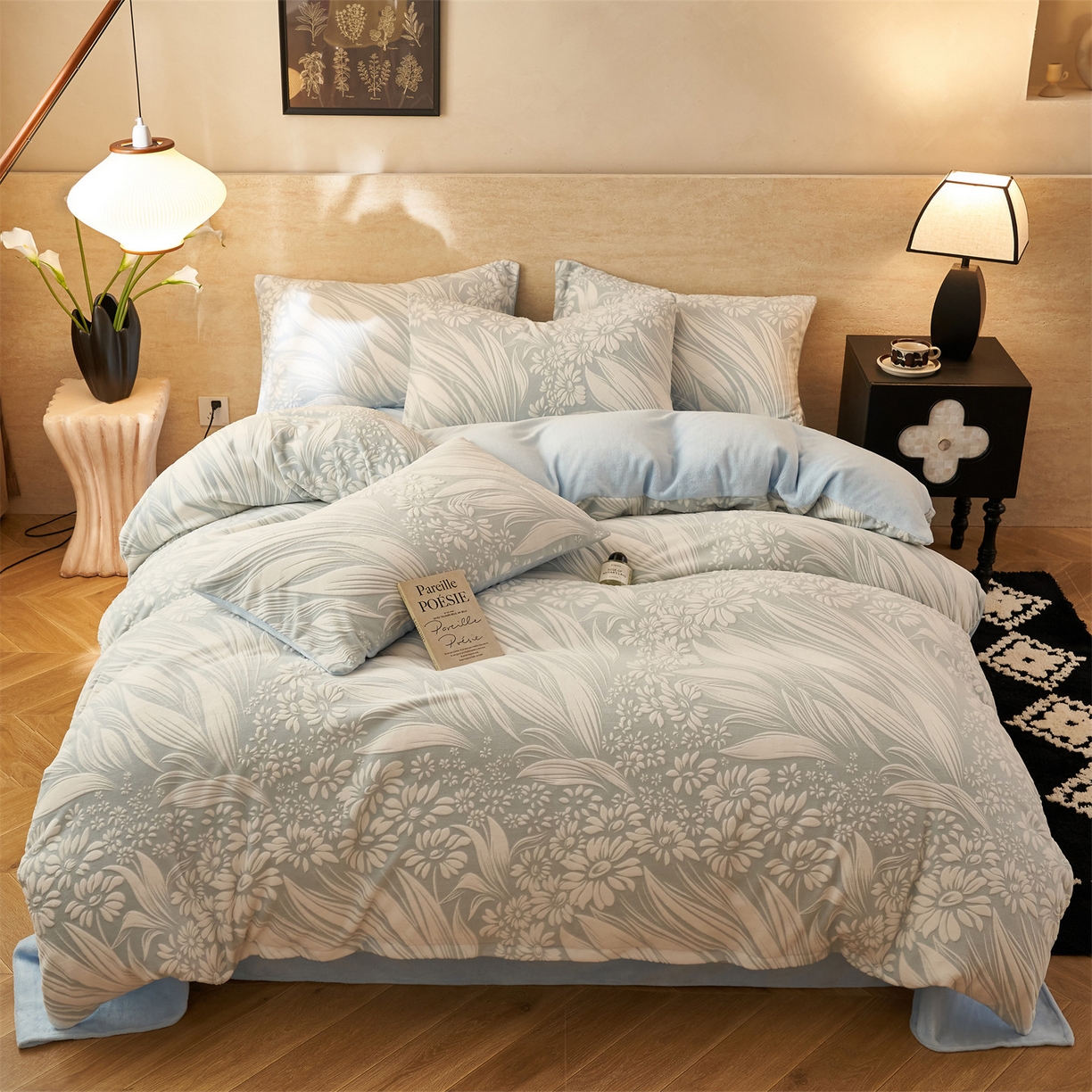 91家纺网 家纺一手货源 找家纺 金鹰 2025新款雕花烂花牛奶绒四件套 叶叶生辉