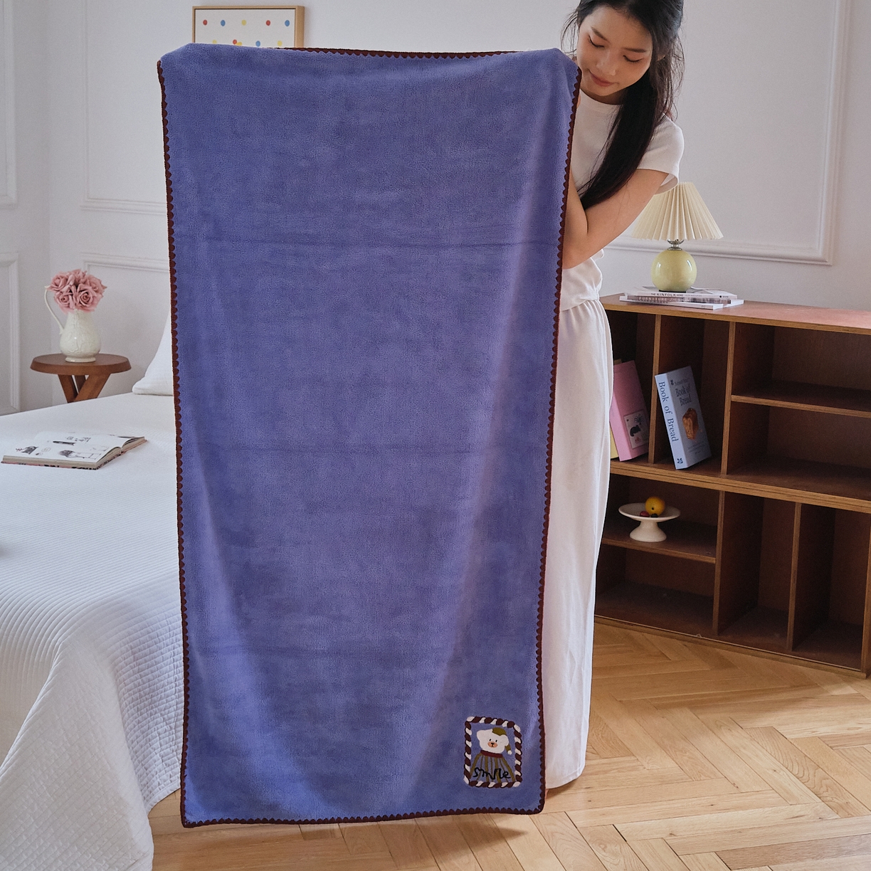 沐瑟家纺 2025新款亲肤柔软珊瑚绒毛巾浴巾-呆呆熊系列 呆呆熊-蓝色 70*140cm浴巾/条