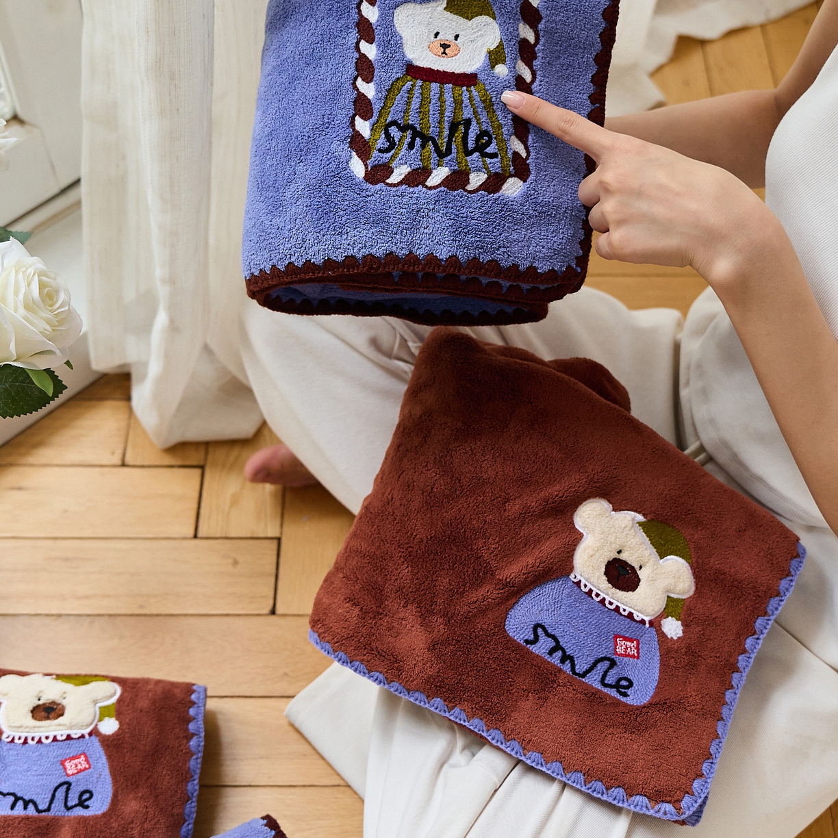 91家纺网 家纺一手货源 找家纺 沐瑟家纺 2025新款亲肤柔软珊瑚绒毛巾浴巾-呆呆熊系列 组合 35*75cm毛巾/条