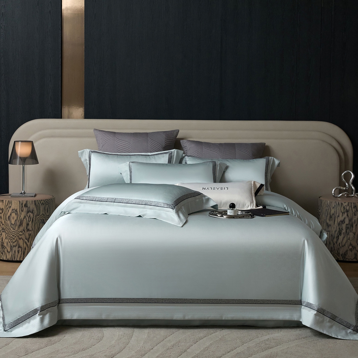 JUICY 橘滋家纺 2025新款高定鎏金高精密拼角系列四件套 卢浮塔夫绸-天鹅绒蓝