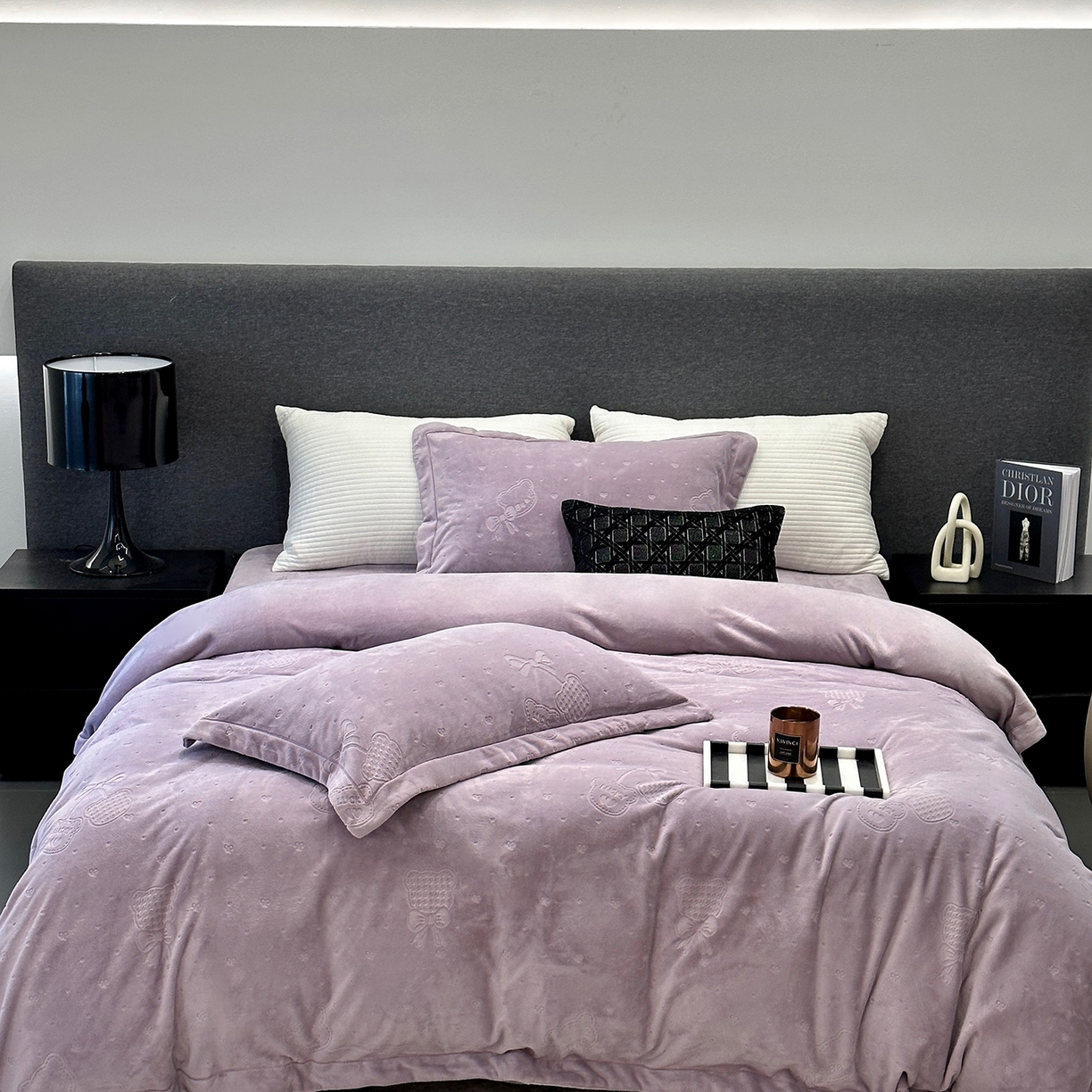 JUICY 橘滋家纺 2025新款高级简约立体提花浮雕牛奶绒系列四件套 小熊樱桃-紫