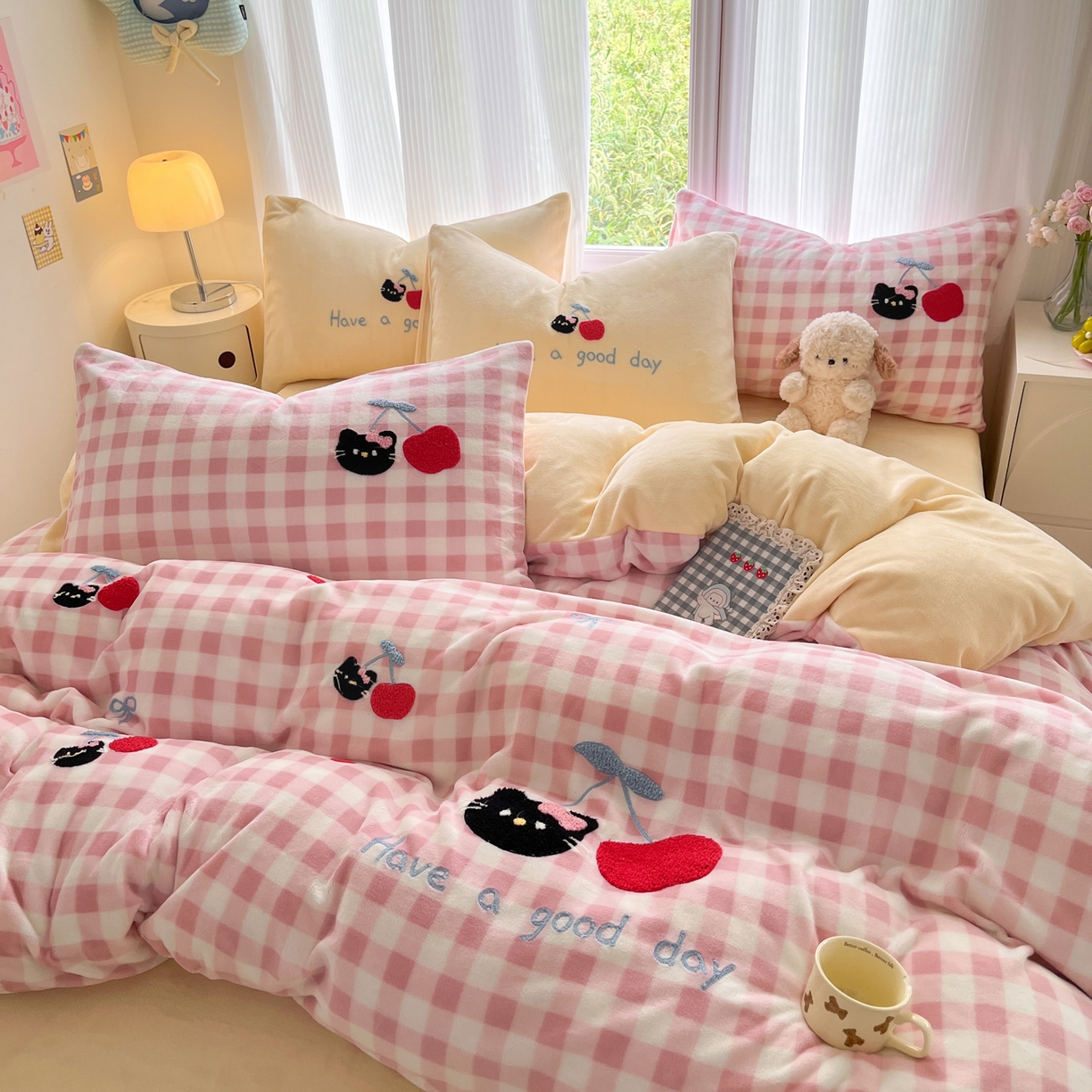 如一 2025新款卡通毛巾绣系列牛奶绒四件套第三批 樱桃黑猫