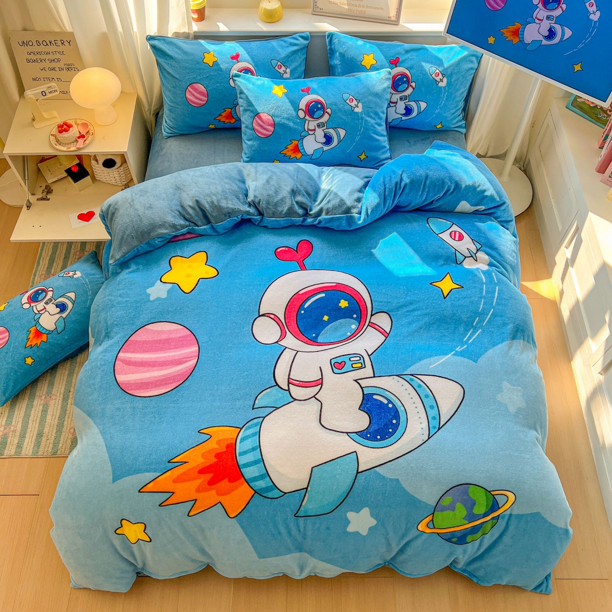 91家纺网 家纺一手货源 找家纺 （总）浩诚 2025新款高克重原创设计宇航员太空人牛奶绒大版卡通四件套